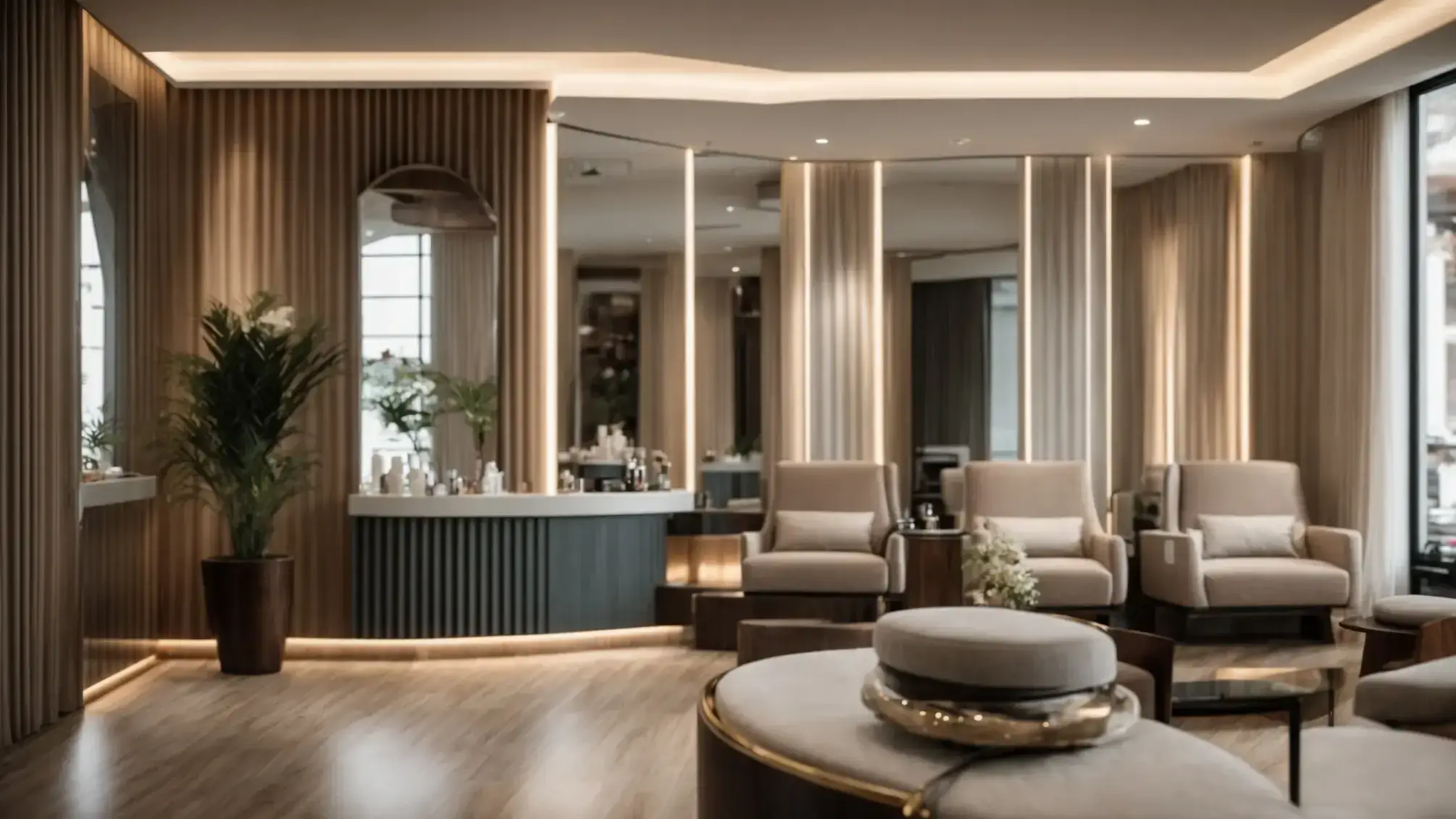 Hair Salon vs. Beauty Salon: Which One is Right for You? 2 a serene beauty salon interior, featuring elegant furnishings and soft, ambient lighting, evokes a sense of tranquility and indulgence, highlighting the diverse range of luxurious treatments available.