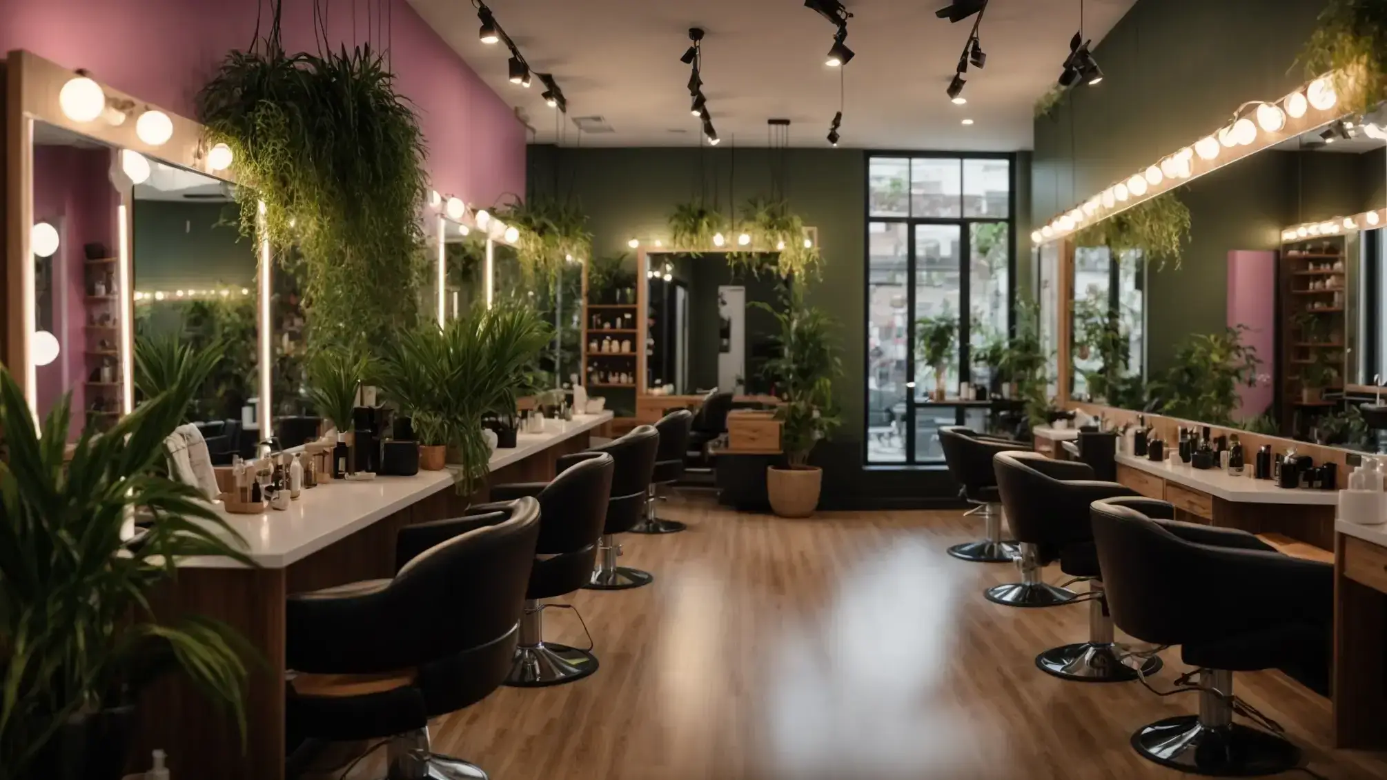 Hair Salon vs. Beauty Salon: Which One is Right for You? 1 a vibrant hair salon interior exuding a welcoming atmosphere, featuring stylishly arranged hairdressing stations, lush plants, and clients enjoying rejuvenating treatments under warm, soft lighting.