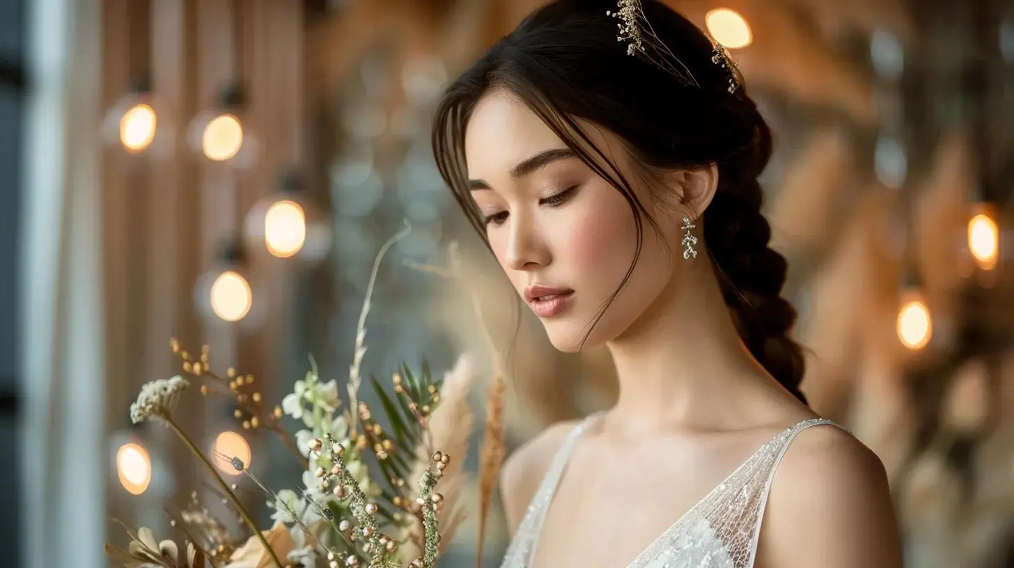 Wedding Hair Styles for a Glamorous Look 2 an elegantly styled bride with long, flowing hair showcases a chic low bun adorned with a delicate french braid and tiny floral accents, set against a luxurious salon backdrop with sophisticated lighting.